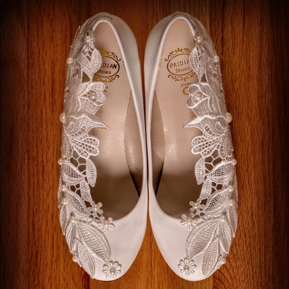 NEW white lace pearl flat wedding shoes